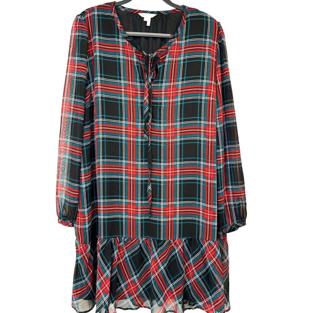 Draper James Plaid Tie Neck Flounce Shift Dress Office Preppy Career Size XXL
